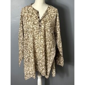 Womens Brown White Scroll Floral Print Henley Tunic Top Long Sleeve Side Slit